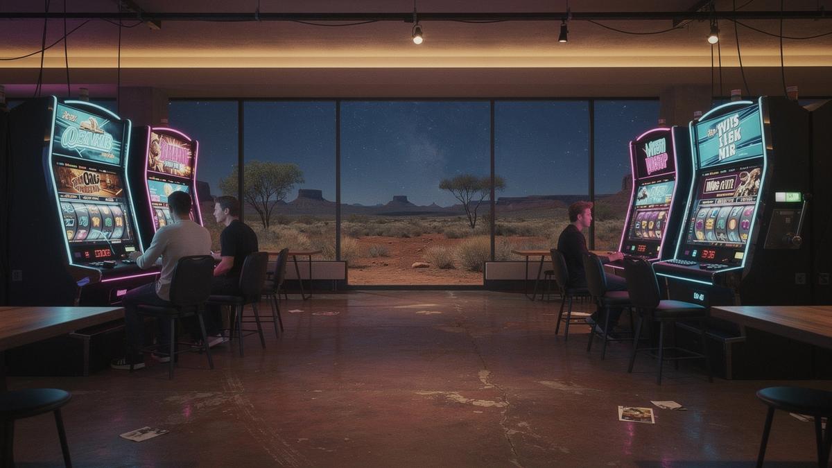 Neon outback arcade scene with slot reels and starry night sky